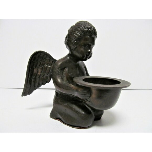 Vintage Bronze Cherub Angel Incense cone burner Candle holder Figurine - Picture 1 of 11